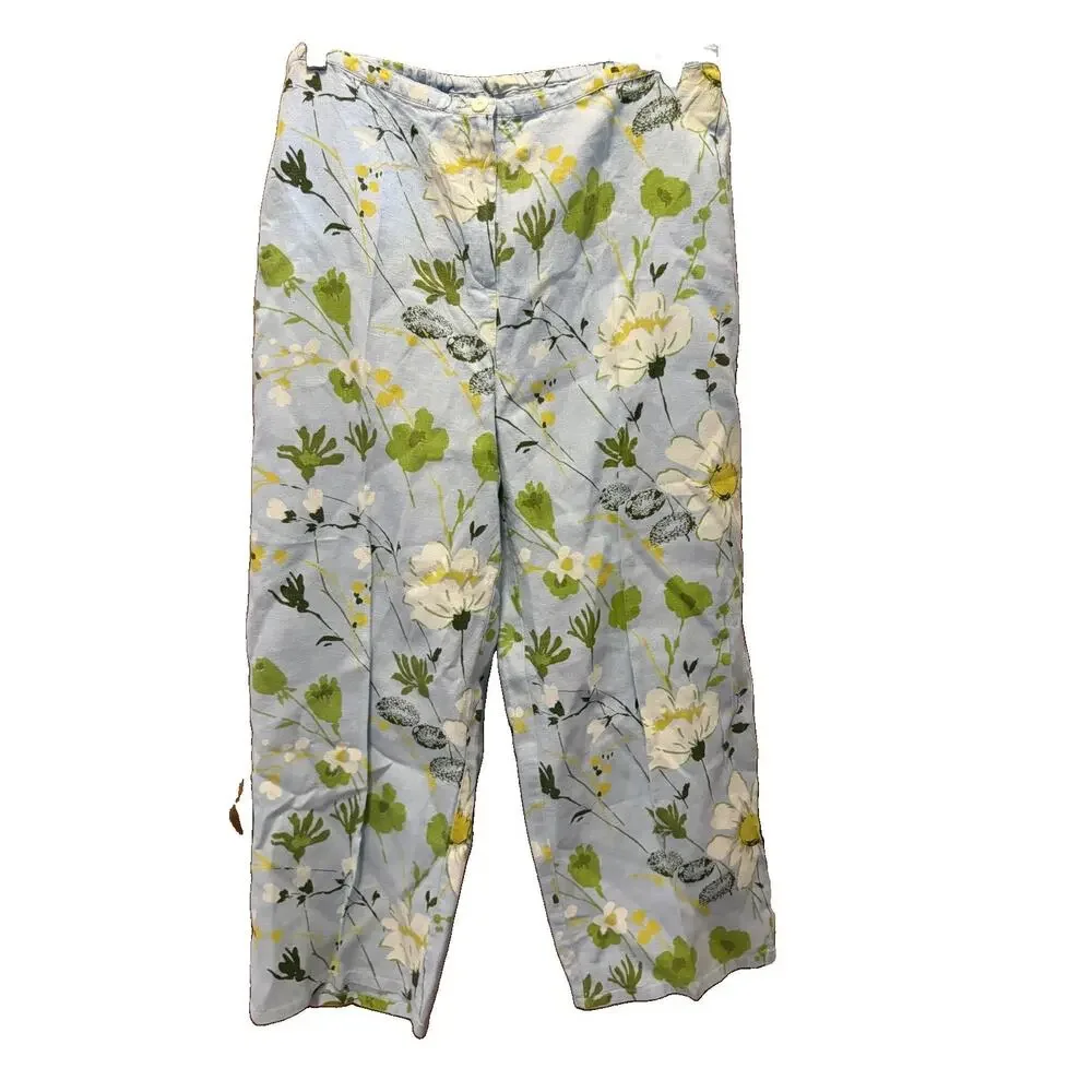Vintage In The Wash 100% Linen Blue Daisy Floral Pants And Top Matching Set